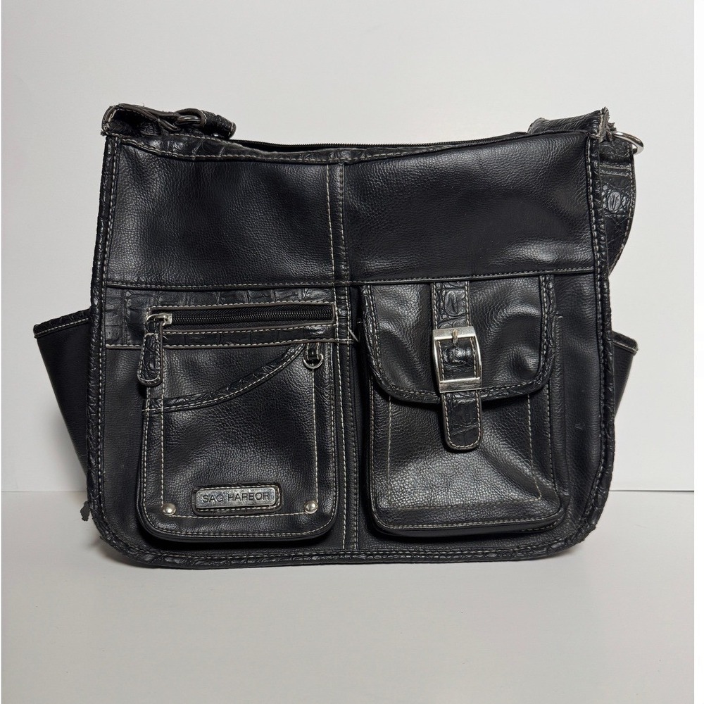 Sag Harbor Black Faux Leather Shoulder Bag Croc Trim Contrast Stitch Pockets